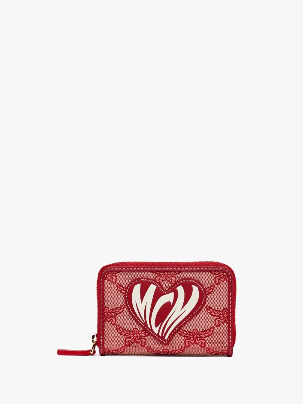 MCM | Lauretos Jacquard Monogram Mini Heart Zip Around Wallet Red White